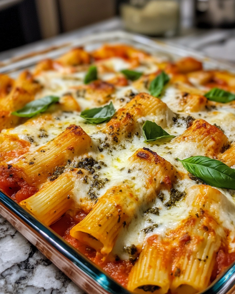 The Easiest Pesto Mozzarella Baked Rigatoni You'll Ever Make