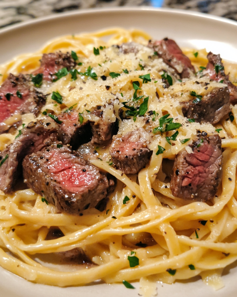 Easy Steak Bites Parmesan Linguine Recipe