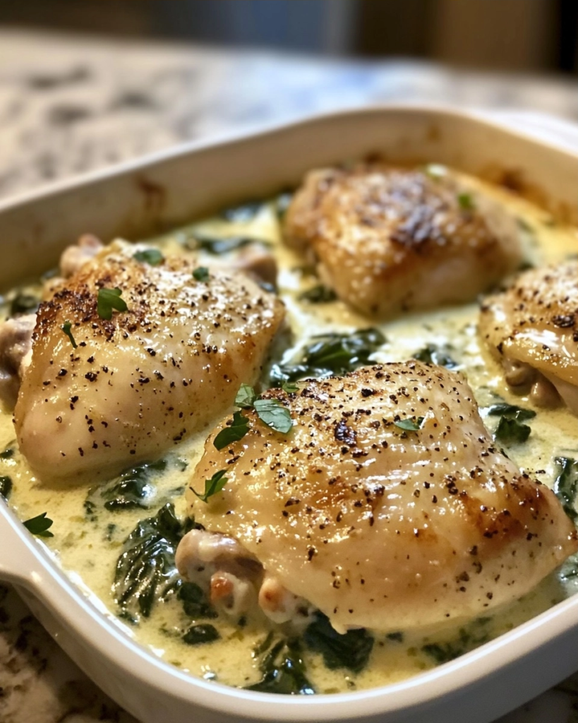 Easy Creamy Spinach Chicken Thigh Bake Recipe