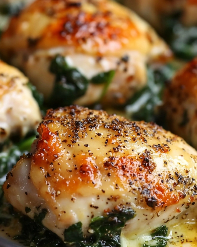 The Easiest Cheesy Spinach Chicken Thigh Bake You'll Ever Make